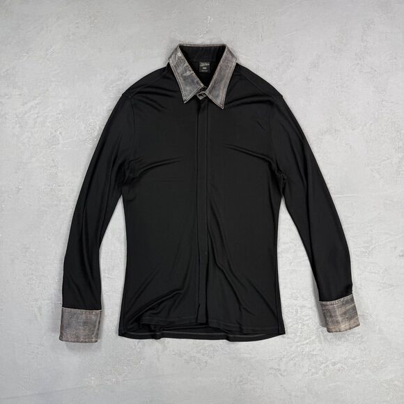 Jean Paul Gaultier Rayon Jersey Zip Front Shirt w/ Leather Trim Men's 17.5 XL